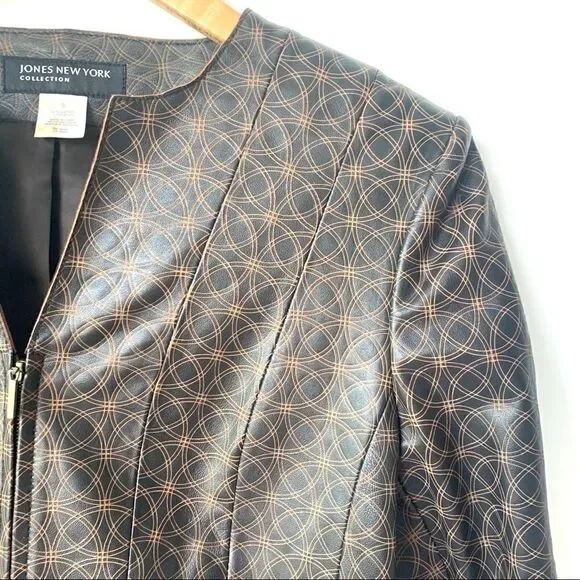 Leather Geometric Dark Brown Fitted Jacket - Picture 7 of 14